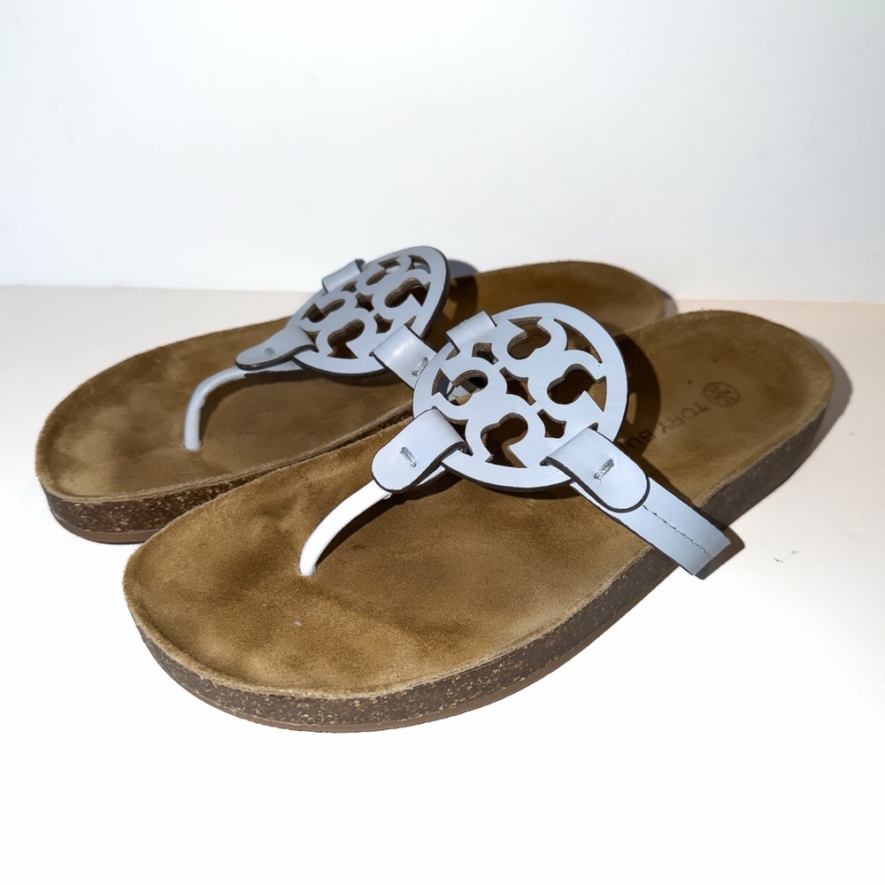 Tory Burch Miller Pale Blue Logo Thong Sandals Sz 8 Comfort Orthotic Cork Sole - Picture 2 of 10